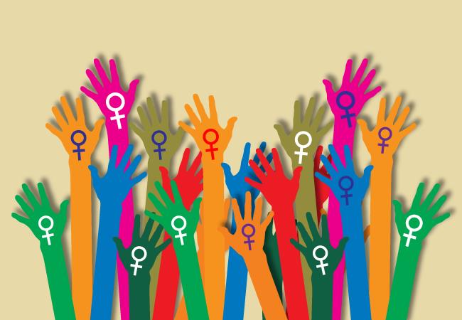 Bunte Hände mit Feminismus-Zeichen
